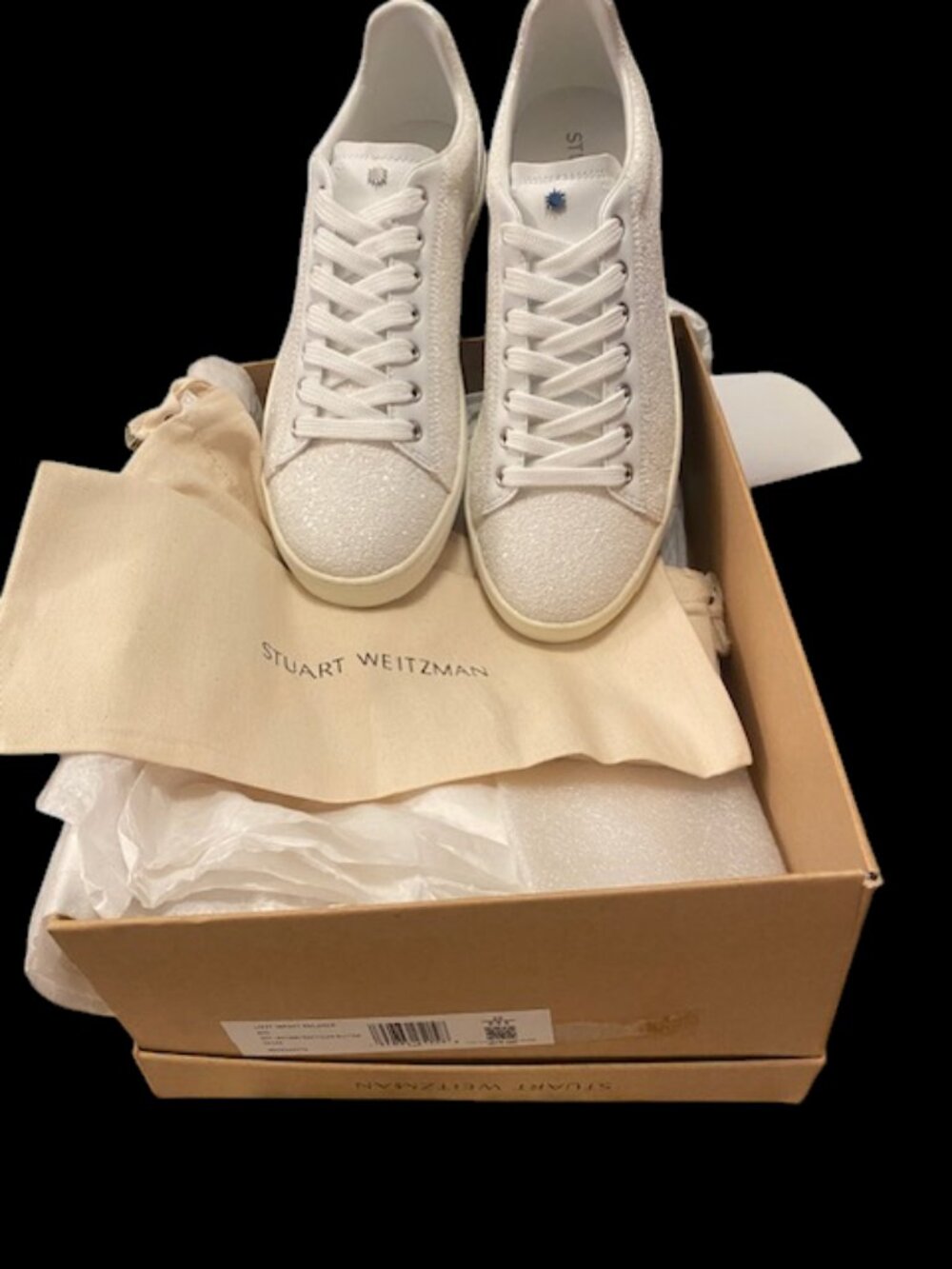 NIB Stuart Weitzman Livvy White Glitter Wedding Bridal Sneakers 8.5B Dustbag